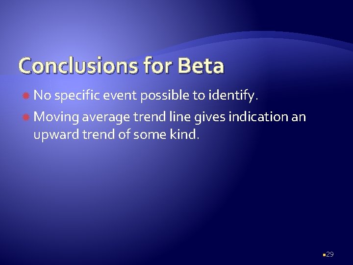 Conclusions for Beta No specific event possible to identify. Moving average trend line gives
