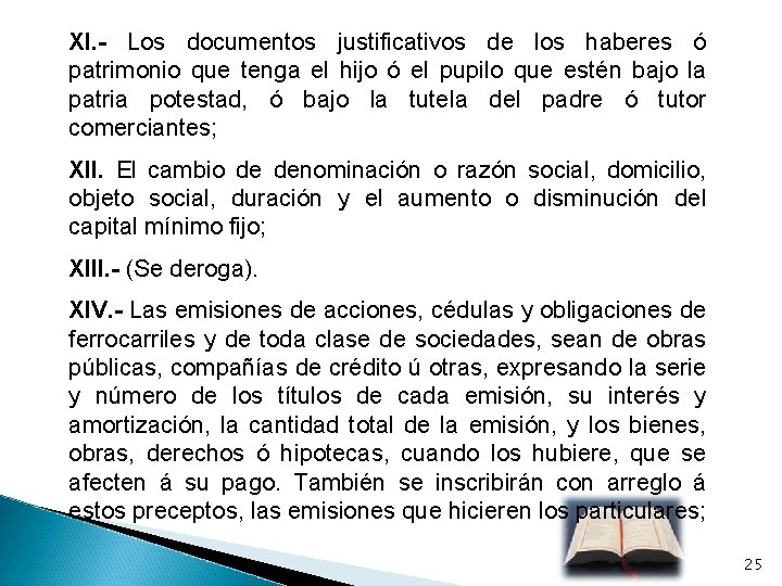 XI. - Los documentos justificativos de los haberes ó patrimonio que tenga el hijo