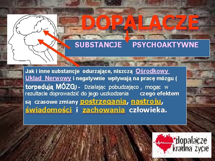  DOPALACZE SUBSTANCJE PSYCHOAKTYWNE Jak i inne substancje odurzające, niszczą Ośrodkowy Układ Nerwowy i