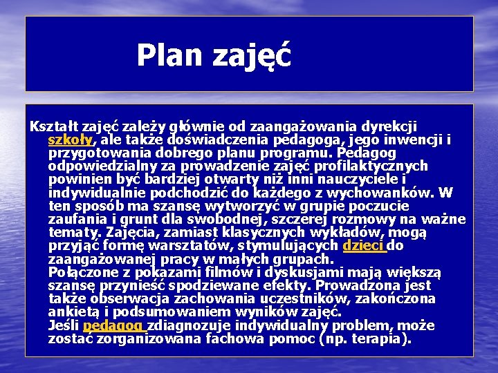  Plan zajęć Kształt zajęć zależy głównie od zaangażowania dyrekcji szkoły, ale także doświadczenia