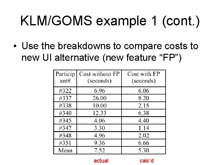KLM/GOMS example 1 (cont. ) • Use the breakdowns to compare costs to new