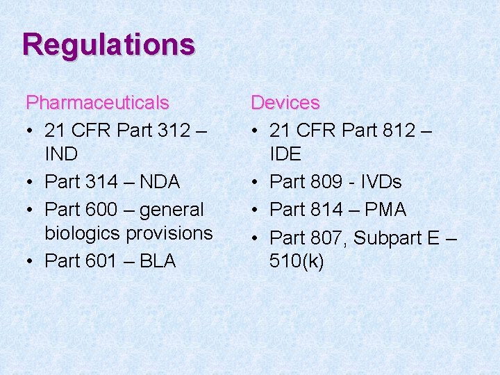 Regulations Pharmaceuticals • 21 CFR Part 312 – IND • Part 314 – NDA