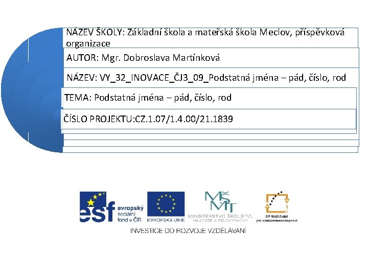 NÁZEV ŠKOLY: Základní škola a mateřská škola Meclov, příspěvková organizace AUTOR: Mgr. Dobroslava Martínková