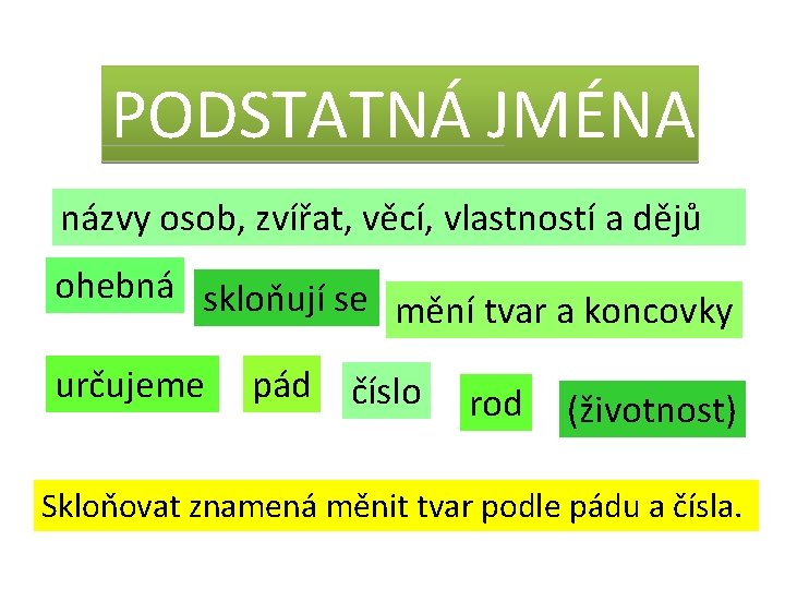 PODSTATNÁ JMÉNA názvy osob, zvířat, věcí, vlastností a dějů ohebná skloňují se mění tvar