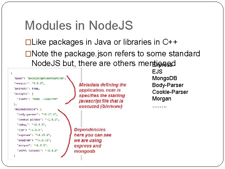 Modules in Node. JS �Like packages in Java or libraries in C++ �Note the