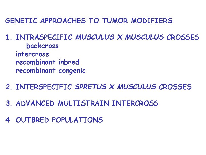 GENETIC APPROACHES TO TUMOR MODIFIERS 1. INTRASPECIFIC MUSCULUS X MUSCULUS CROSSES backcross intercross recombinant