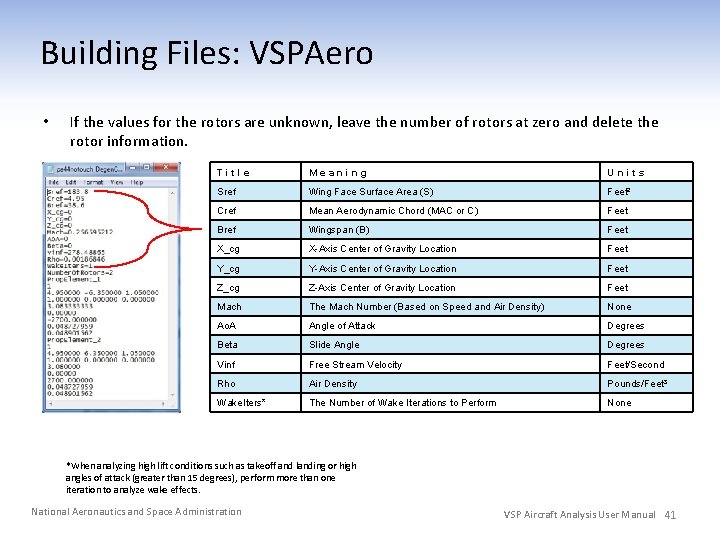 Building Files: VSPAero • If the values for the rotors are unknown, leave the