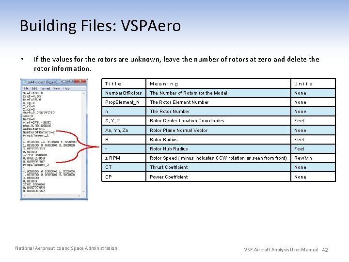 Building Files: VSPAero • If the values for the rotors are unknown, leave the