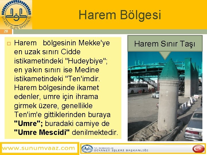 Harem Bölgesi 28 Harem bölgesinin Mekke'ye en uzak sınırı Cidde istikametindeki "Hudeybiye"; en yakın