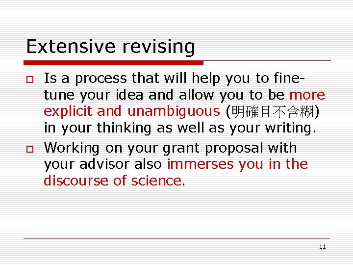 Extensive revising o o Is a process that will help you to finetune your