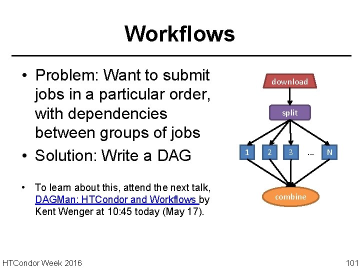 Workflows • Problem: Want to submit jobs in a particular order, with dependencies between