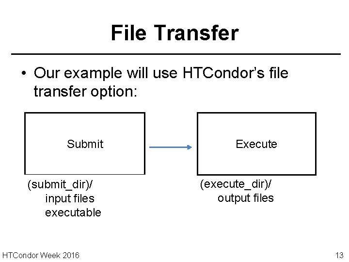 File Transfer • Our example will use HTCondor’s file transfer option: Submit (submit_dir)/ input