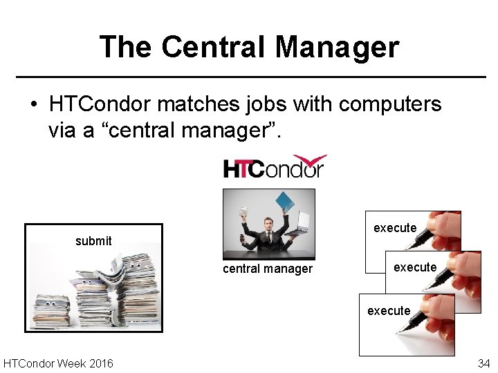 The Central Manager • HTCondor matches jobs with computers via a “central manager”. execute