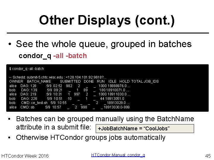 Other Displays (cont. ) • See the whole queue, grouped in batches condor_q -all