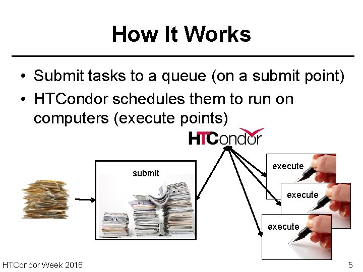 How It Works • Submit tasks to a queue (on a submit point) •