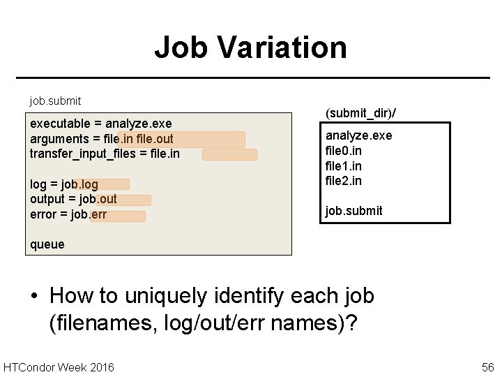 Job Variation job. submit executable = analyze. exe arguments = file. in file. out