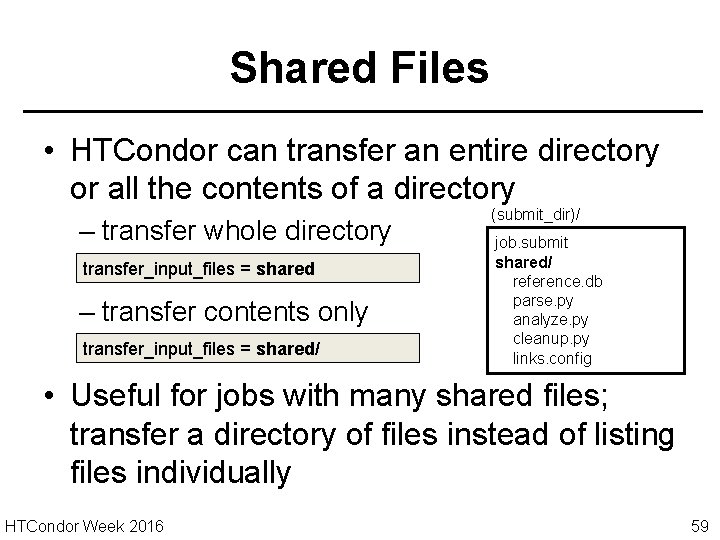 Shared Files • HTCondor can transfer an entire directory or all the contents of