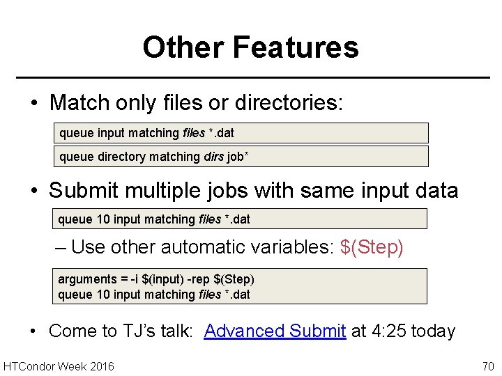 Other Features • Match only files or directories: queue input matching files *. dat