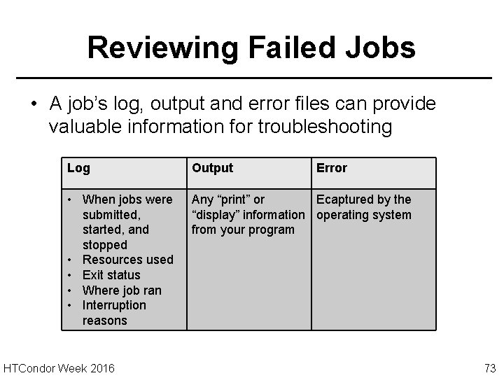Reviewing Failed Jobs • A job’s log, output and error files can provide valuable