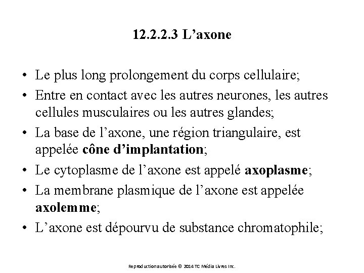 12. 2. 2. 3 L’axone • Le plus long prolongement du corps cellulaire; •