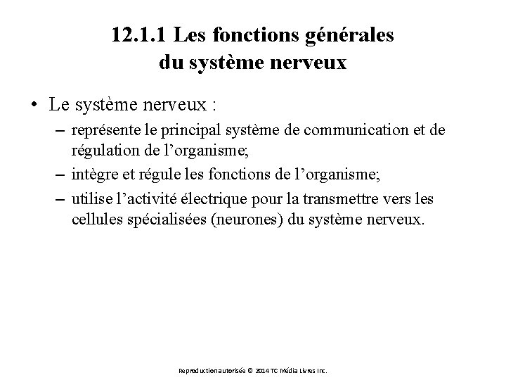 12. 1. 1 Les fonctions générales du système nerveux • Le système nerveux :