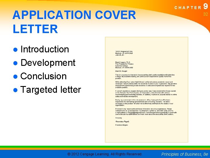 APPLICATION COVER LETTER CHAPTER 9 32 ● Introduction ● Development ● Conclusion ● Targeted