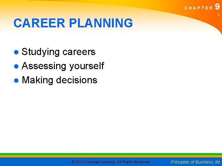 CHAPTER CAREER PLANNING 9 4 ● Studying careers ● Assessing yourself ● Making decisions