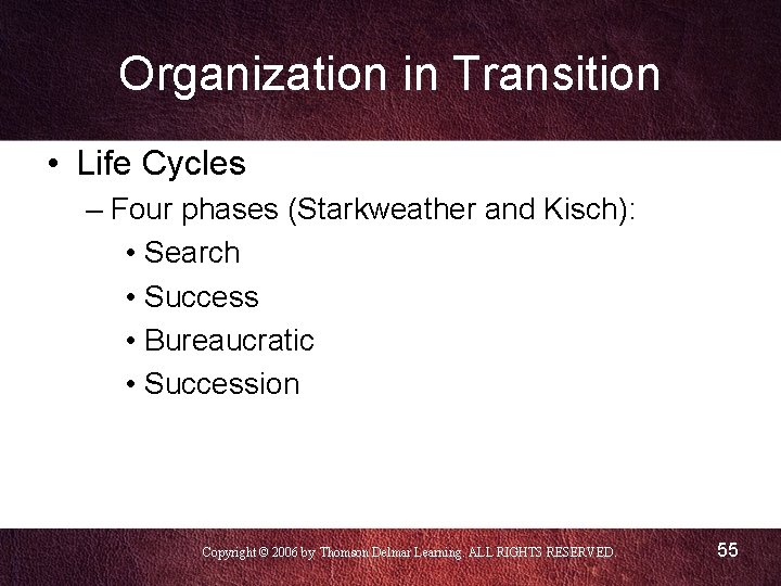 Organization in Transition • Life Cycles – Four phases (Starkweather and Kisch): • Search