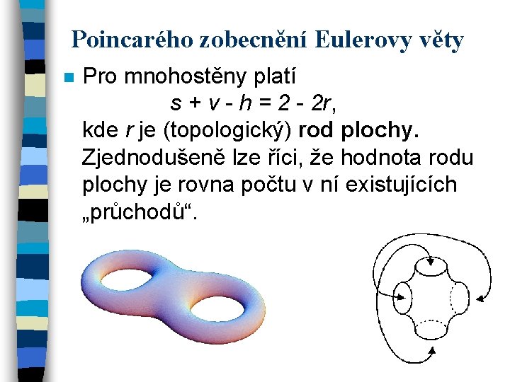 Poincarého zobecnění Eulerovy věty n Pro mnohostěny platí s + v - h =