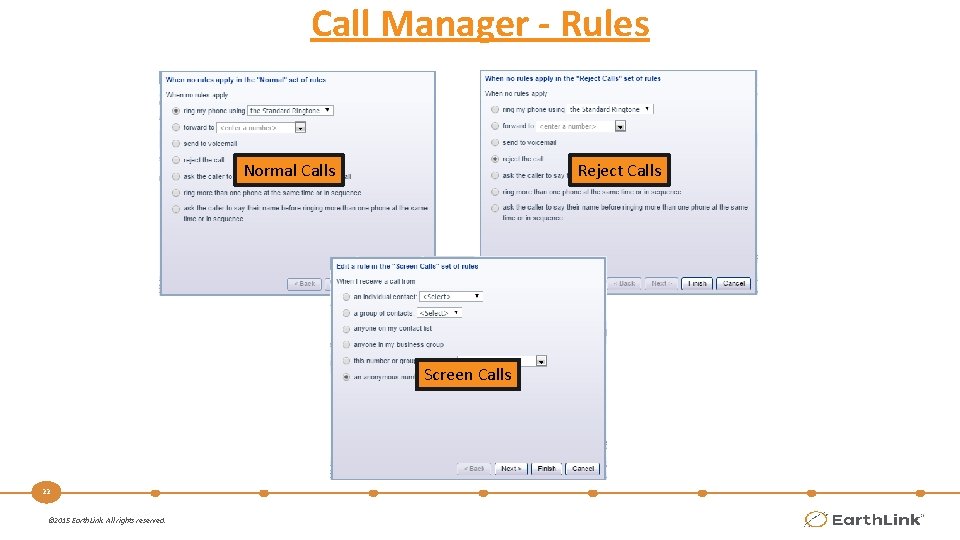 Call Manager - Rules Normal Calls Reject Calls Screen Calls 22 © 2015 Earth.