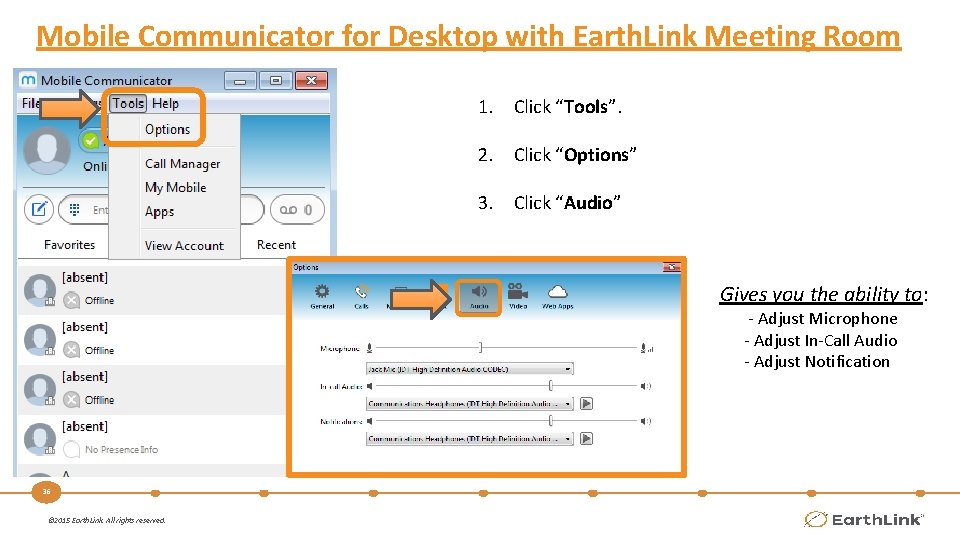 Mobile Communicator for Desktop with Earth. Link Meeting Room 1. Click “Tools”. 2. Click