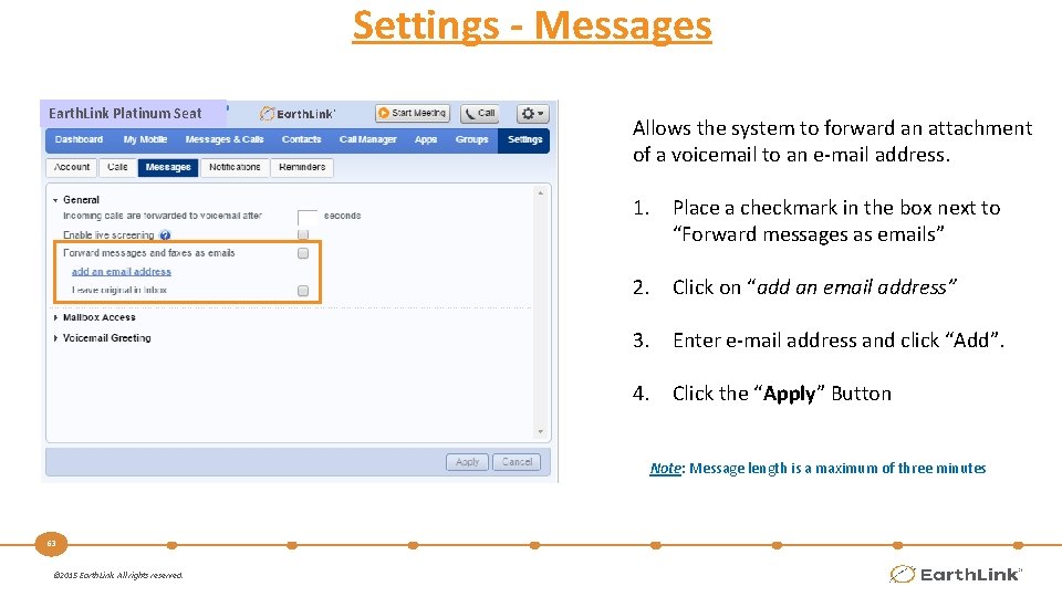 Settings - Messages Earth. Link Platinum Seat Allows the system to forward an attachment