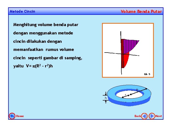 Volume Benda Putar Metode Cincin Menghitung volume benda putar dengan menggunakan metode cincin dilakukan