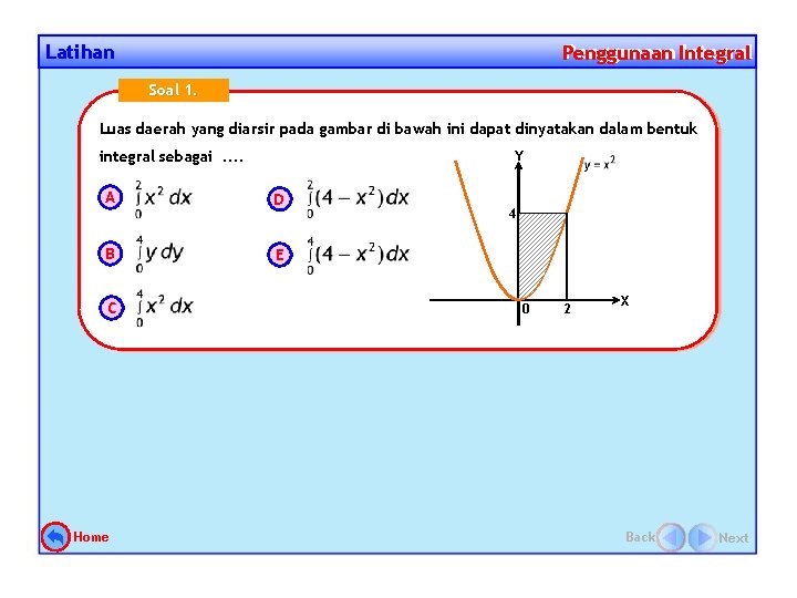 Latihan Penggunaan Integral Penggunaan Soal 1. Luas daerah yang diarsir pada gambar di bawah