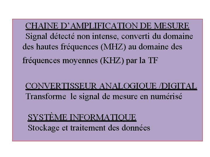  CHAINE D’AMPLIFICATION DE MESURE Signal détecté non intense, converti du domaine des hautes