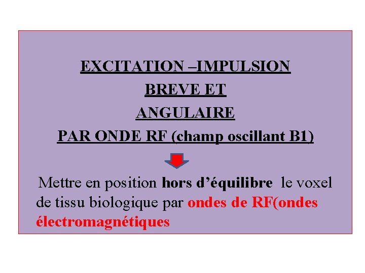 EXCITATION –IMPULSION BREVE ET ANGULAIRE PAR ONDE RF (champ oscillant B 1) Mettre en