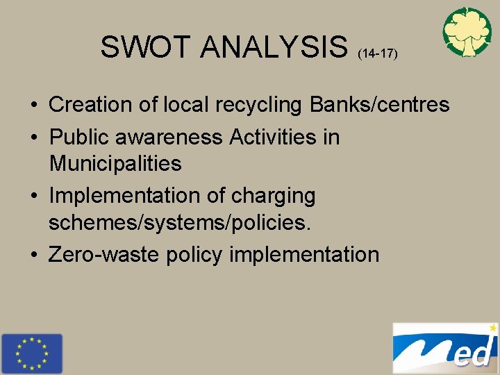SWOT ANALYSIS (14 -17) • Creation of local recycling Banks/centres • Public awareness Activities
