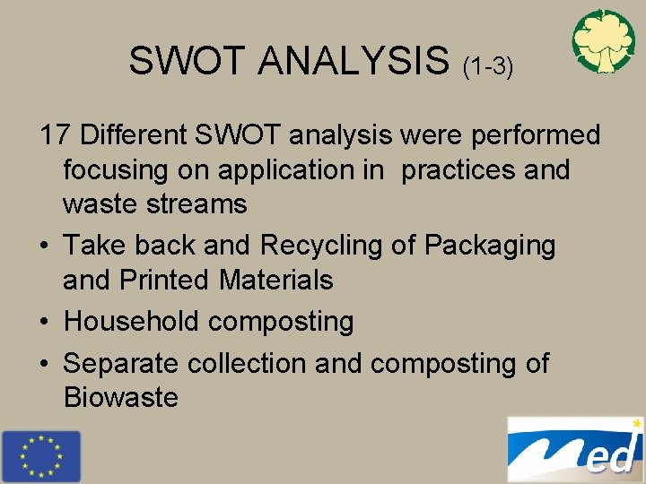 SWOT ANALYSIS (1 -3) 17 Different SWOT analysis were performed focusing on application in