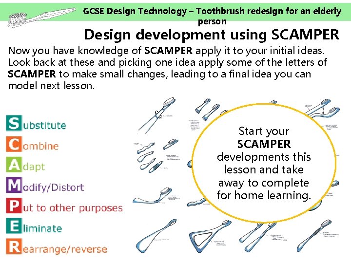 GCSE Design Technology – Toothbrush redesign for an elderly person Design development using SCAMPER