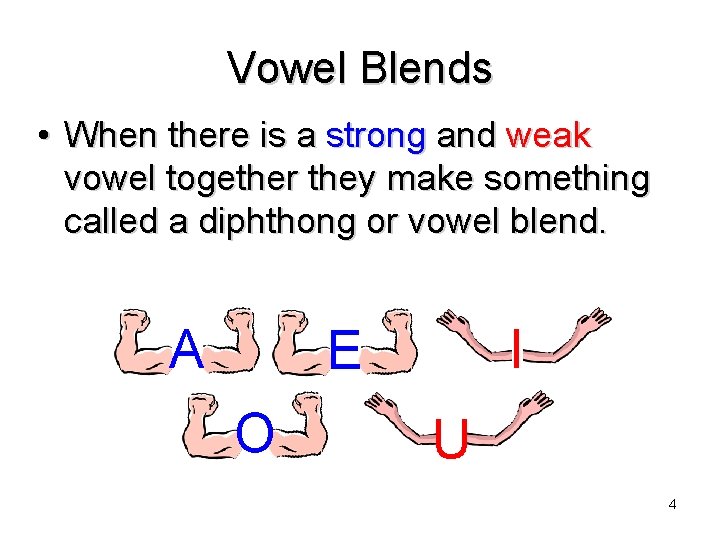 Vowel Blends • When there is a strong and weak vowel together they make