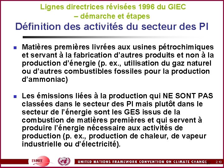  Lignes directrices révisées 1996 du GIEC – démarche et étapes Définition des activités