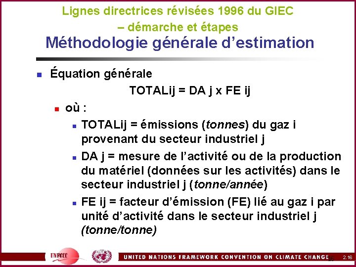 Lignes directrices révisées 1996 du GIEC – démarche et étapes Méthodologie générale d’estimation n