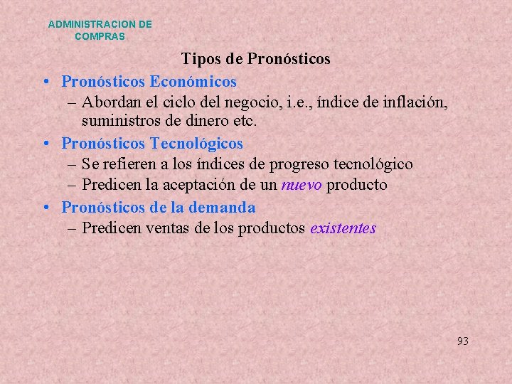 ADMINISTRACION DE COMPRAS Tipos de Pronósticos • Pronósticos Económicos – Abordan el ciclo del ADMINISTRACION DE COMPRAS Tipos de Pronósticos • Pronósticos Económicos – Abordan el ciclo del