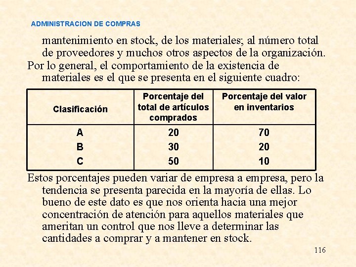 ADMINISTRACION DE COMPRAS mantenimiento en stock, de los materiales; al número total de proveedores ADMINISTRACION DE COMPRAS mantenimiento en stock, de los materiales; al número total de proveedores