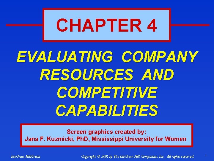 CHAPTER 4 EVALUATING COMPANY RESOURCES AND COMPETITIVE CAPABILITIES Screen graphics created by: Jana F.