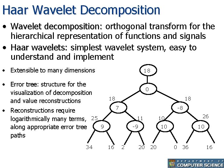 Haar Wavelet Decomposition • Wavelet decomposition: orthogonal transform for the hierarchical representation of functions