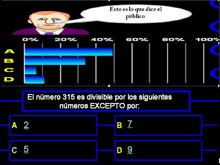 El número 315 es divisible por los siguientes números EXCEPTO por: 2 7 5