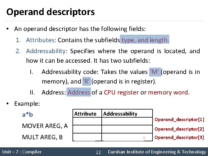 Operand descriptors • An operand descriptor has the following fields: 1. Attributes: Contains the