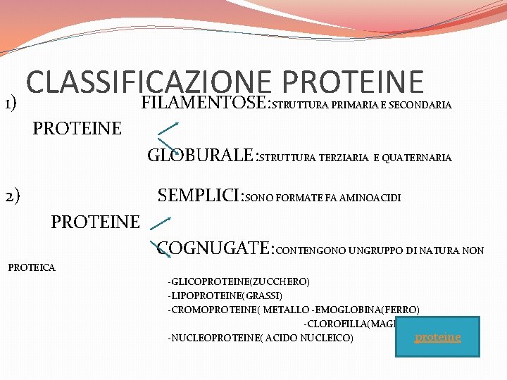 CLASSIFICAZIONE PROTEINE 1) FILAMENTOSE: STRUTTURA PRIMARIA E SECONDARIA PROTEINE GLOBURALE: STRUTTURA TERZIARIA E QUATERNARIA