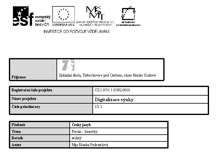 Příjemce Základní škola, Třebechovice pod Orebem, okres Hradec Králové Registrační číslo projektu CZ. 1.